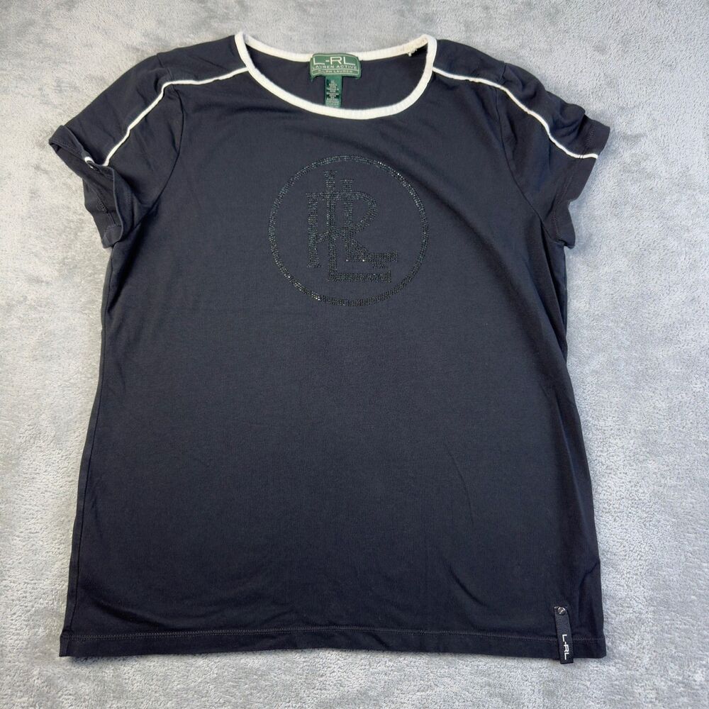 Lauren Ralph Lauren Shirt Womens Extra Large Black Short Sleeve Rhinestone Y2K